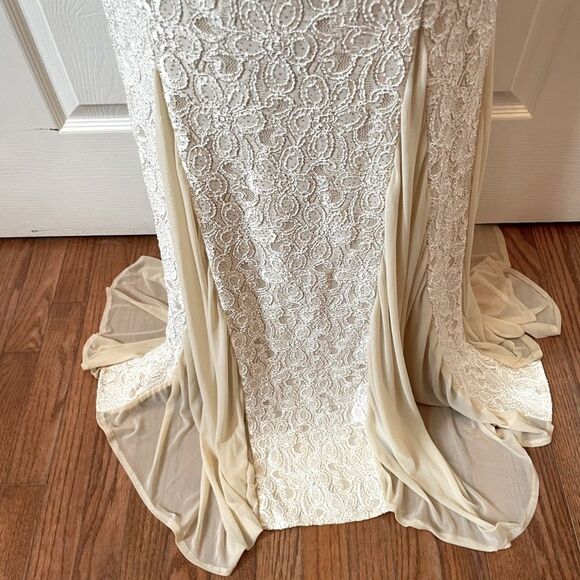 Cache Champagne Lace Gown with Pearl Neck and Godet Mesh Insert Size 4 EUC - Picture 3 of 13